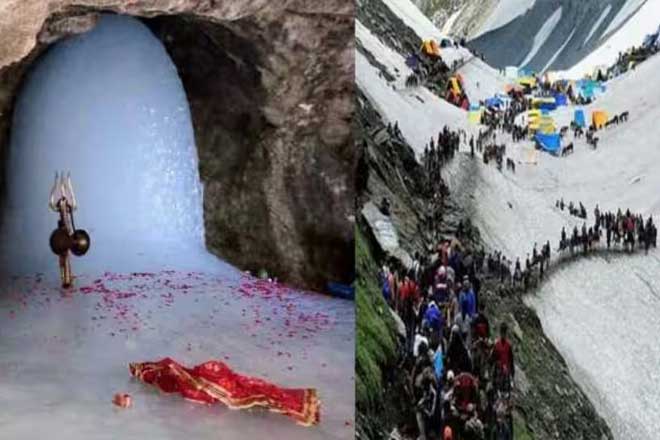 Image showing a naturally formed ice shivling inside a cave on the left, with a decorative trident and cloth on the ground. On the right, a large group of pilgrims hike on a snowy trail, with colorful tents set up on the hillside.