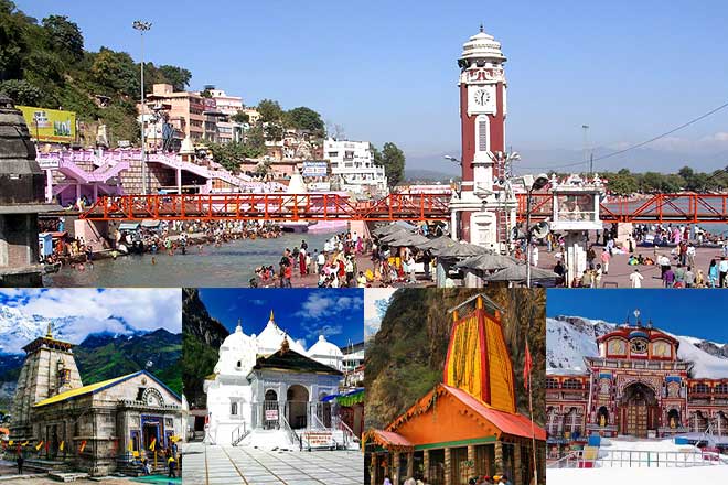 Collage of religious sites in India, featuring a river scene with a clock tower and people, a mountain temple, and various ornate buildings with rich architectural details surrounded by natural landscapes.