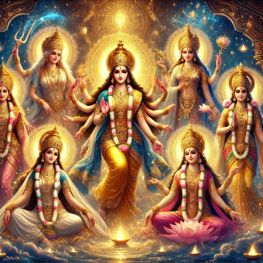 A divine depiction of a central multi-armed goddess surrounded by other female deities, each with halos and adorned in vibrant attire, unfurls the Story of Mahadev. They are positioned against a radiant, ethereal background, symbolizing divine energy and harmony.
.